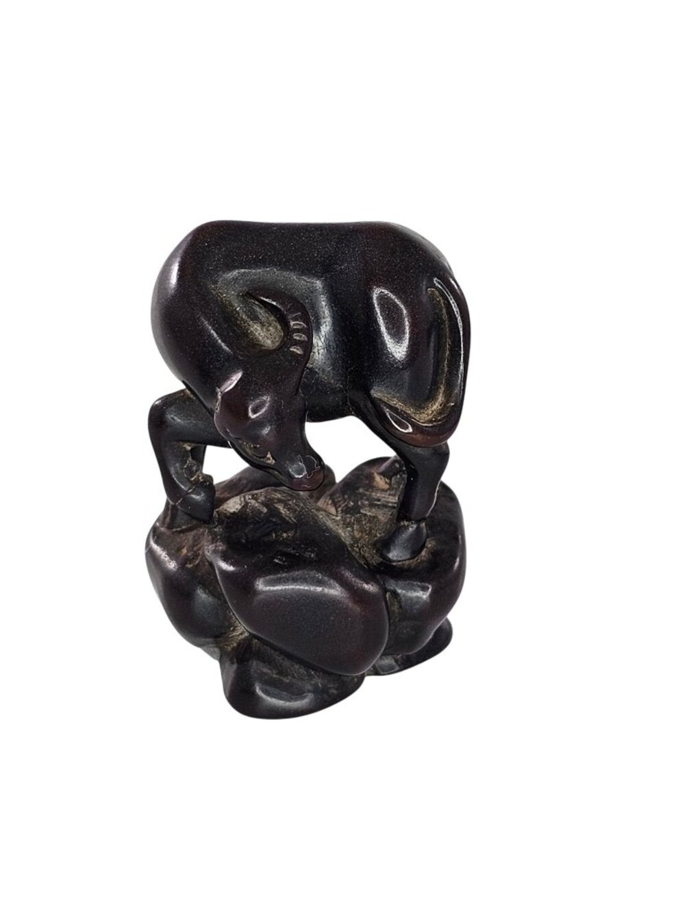 Vintage Japanese Carved Boxwood Water Buffalo Netsuke Sculpture Dark Brown